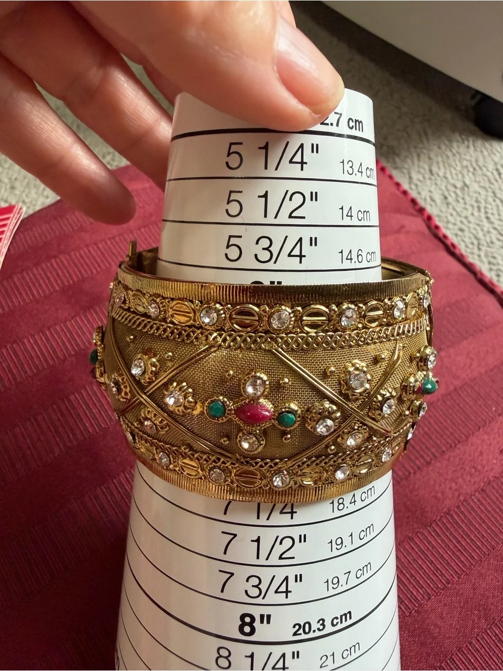 Vintage Etruscan Style Gold Tone Wide Cuff Bracelet Rhinestone Cabochon